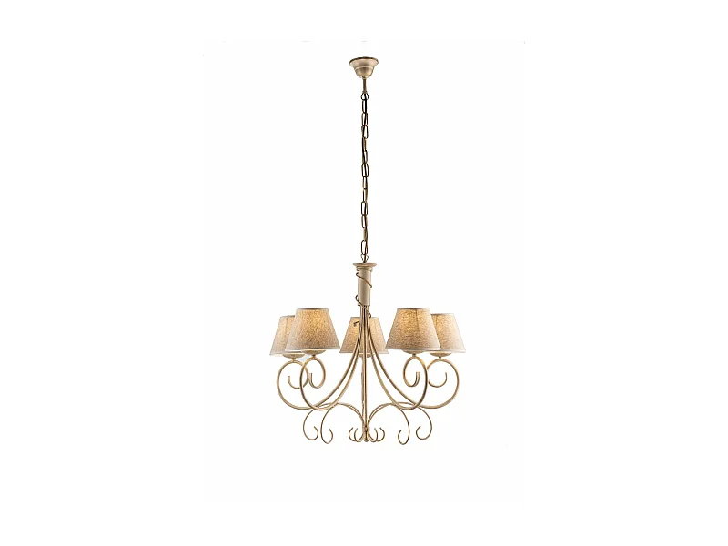 Lustre Viena em ferro marfim com deco abajures de ouro antigo e d. 13 em tecido de juta efeito pvc 5 luzes 118 Ø60