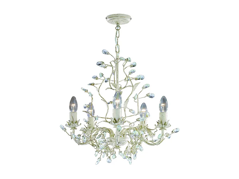 Searchlight Almandite - Sospensione a soffitto a 5 luci multibraccio oro, crema con cristalli, motivo floreale a foglie, E14