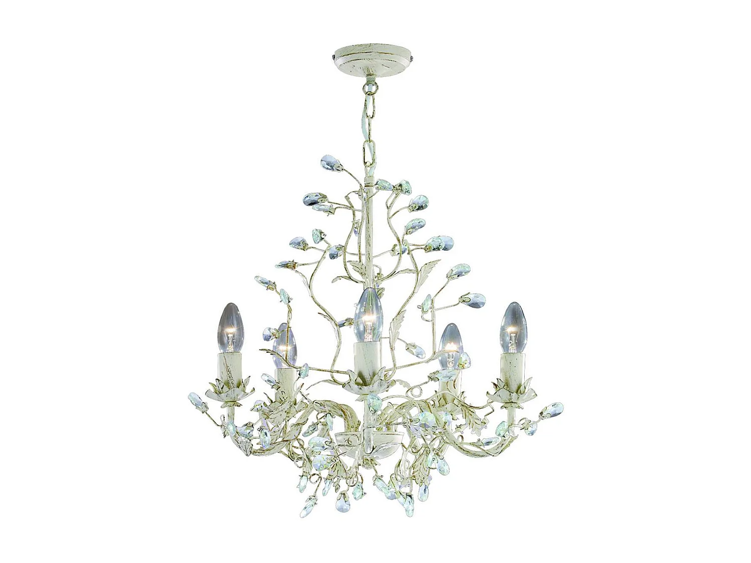 Searchlight Almandite - Sospensione a soffitto a 5 luci multibraccio oro, crema con cristalli, motivo floreale a foglie, E14