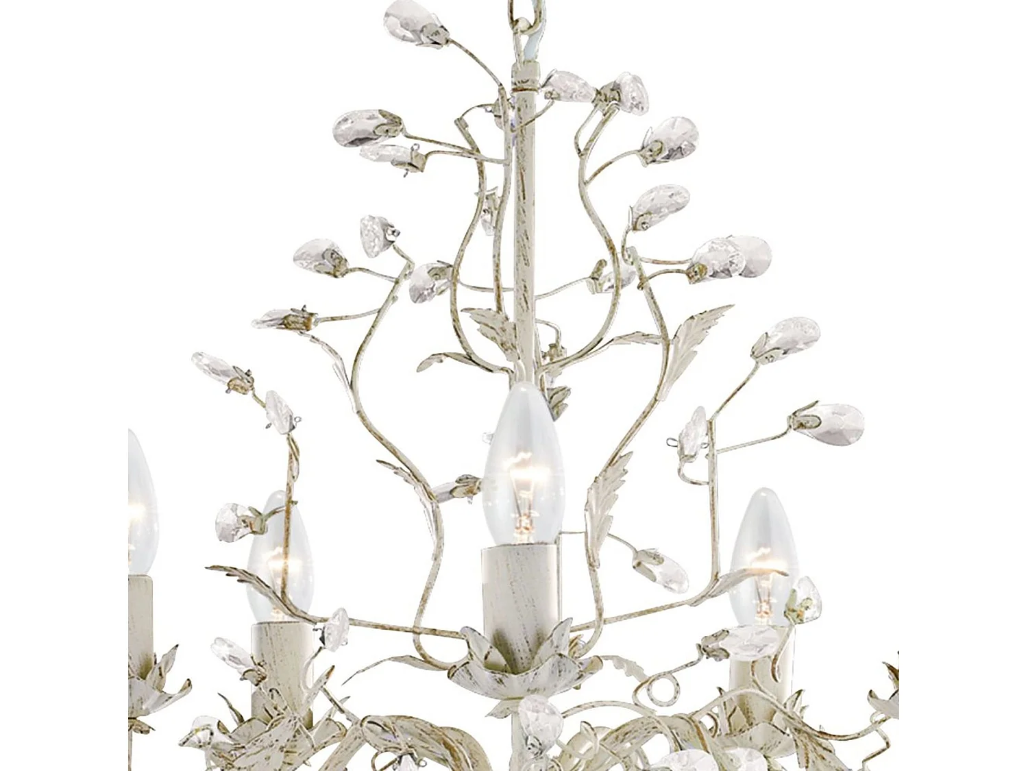 Searchlight Almandite - Sospensione a soffitto a 5 luci multibraccio oro, crema con cristalli, motivo floreale a foglie, E14