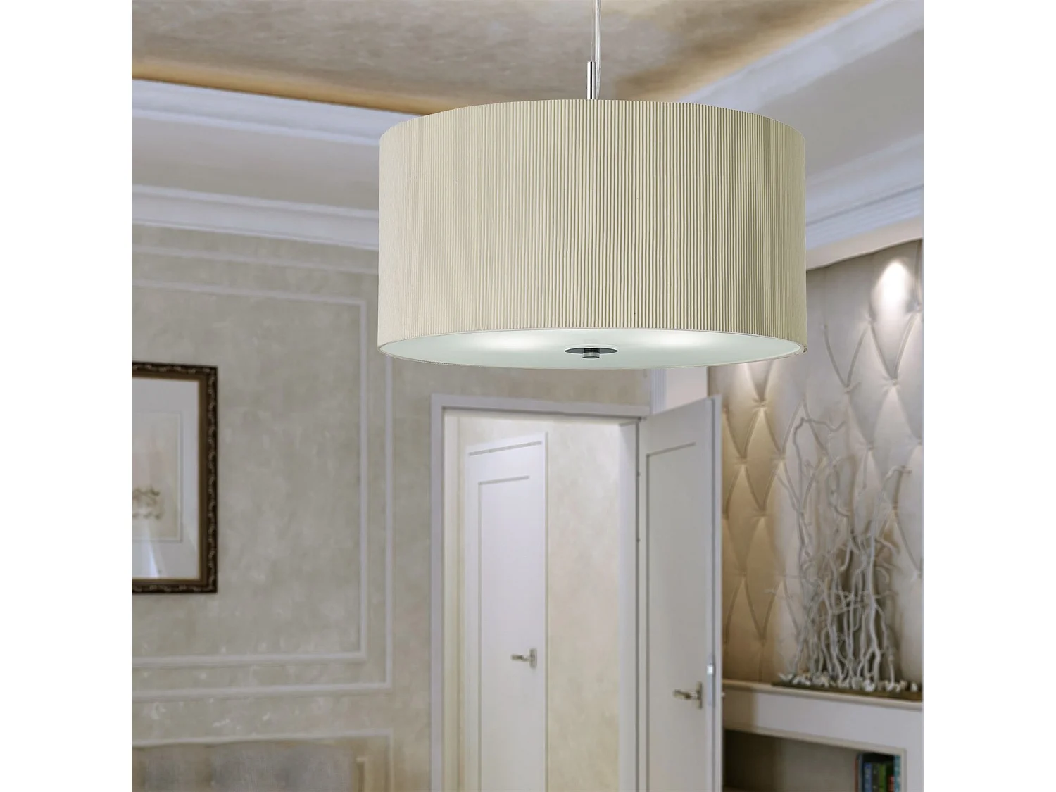 Searchlight Drum Pleat - Sospensione 3 Luci da Soffitto Cromo, Crema con Diffusore In Vetro E Paralume, E27