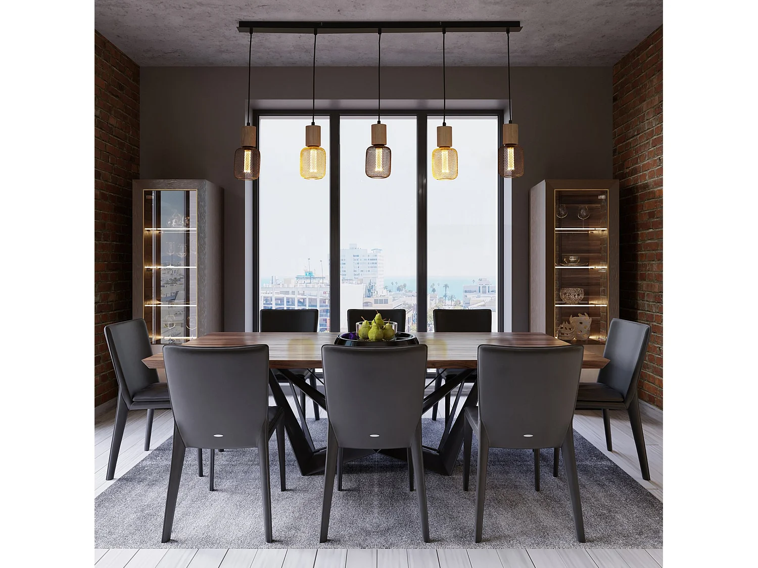 Lampadario Lineare Industrial-Nordico Spinoso Acciaio Nero Marrone 5 Luci E27