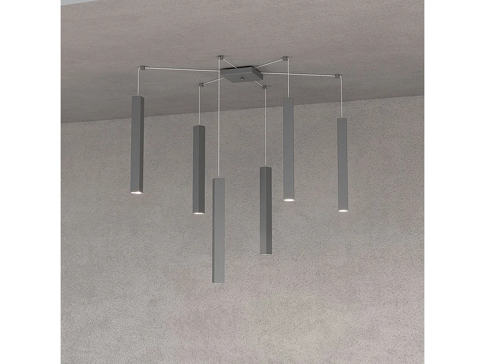 Square Tube Sospensione 6 Luci Grigio Antracite Cavo Cm.250 Con Base
