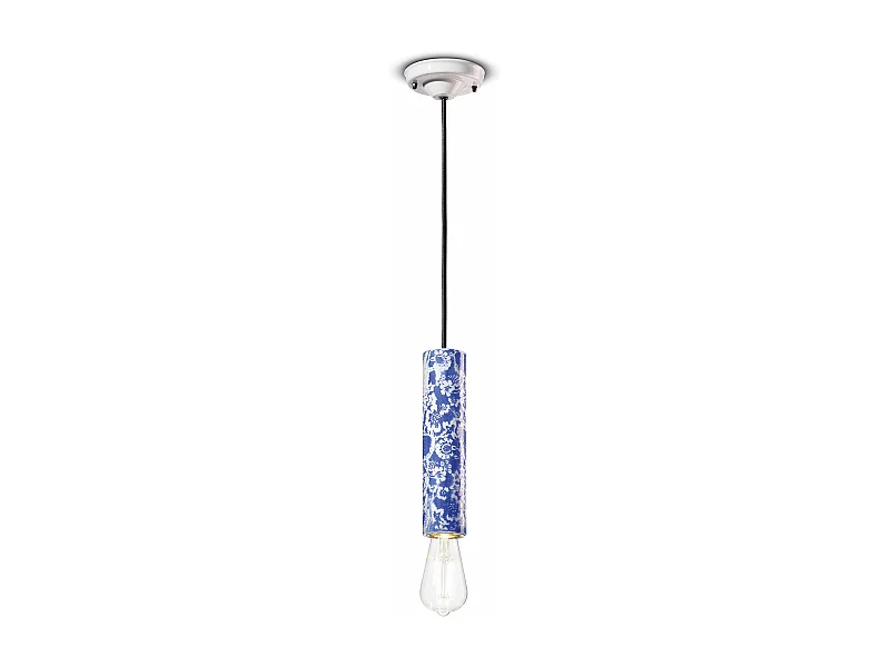 Sospensione Piccola Vintage Decò Pi Ceramica Ming Blu 1 Luce E27