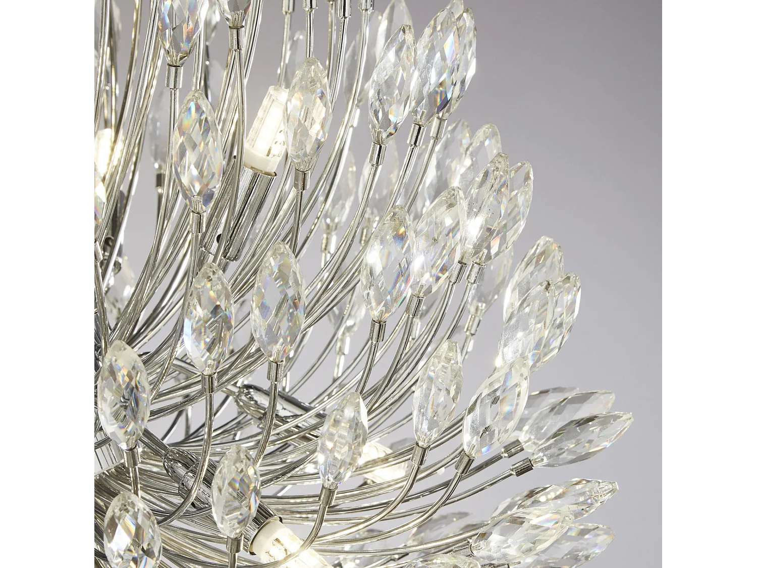 Lampadario Contemporaneo Pavone Acciaio Cromo Vetro Trasparente 20 Luci G9