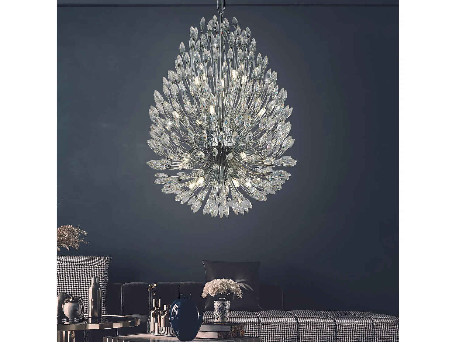 Lampadario Contemporaneo Pavone Acciaio Cromo Vetro Trasparente 20 Luci G9