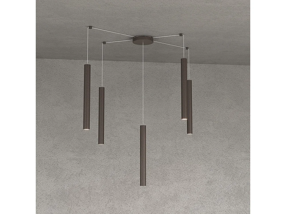Round Tube Sospensione 5 Luci Marrone Cavo Cm.250 Con Base