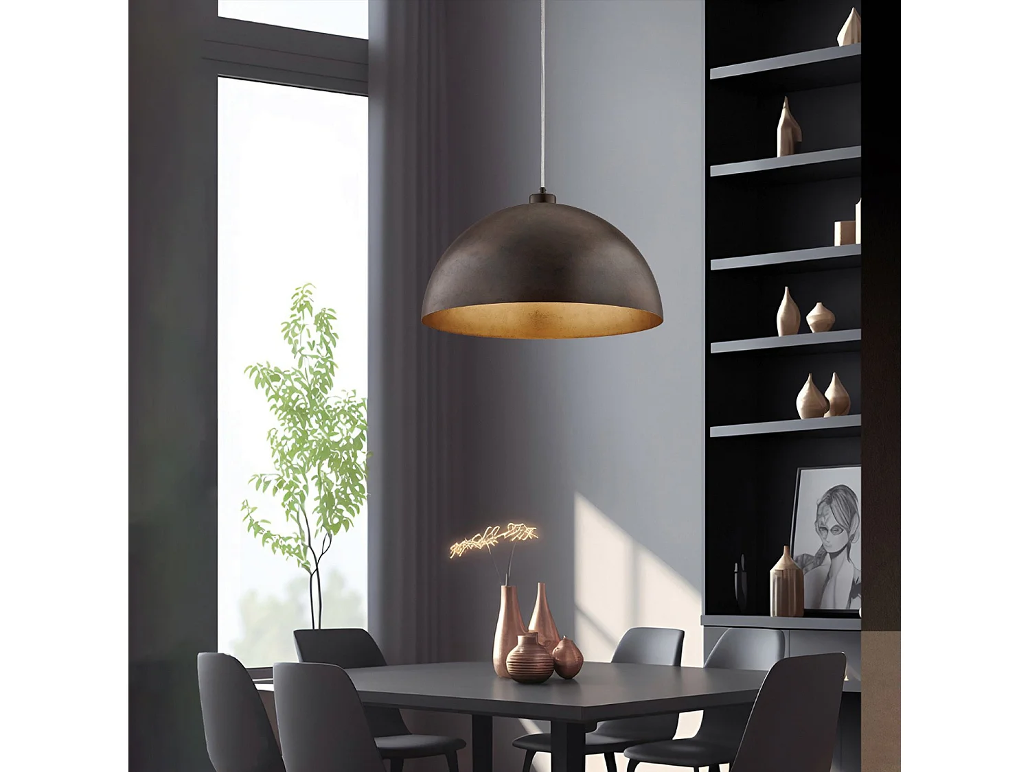 Suspension Marcus d.50 cm, fer noir, effet rouille, intérieur or antique, câble réglable, 1 lumière, style loft