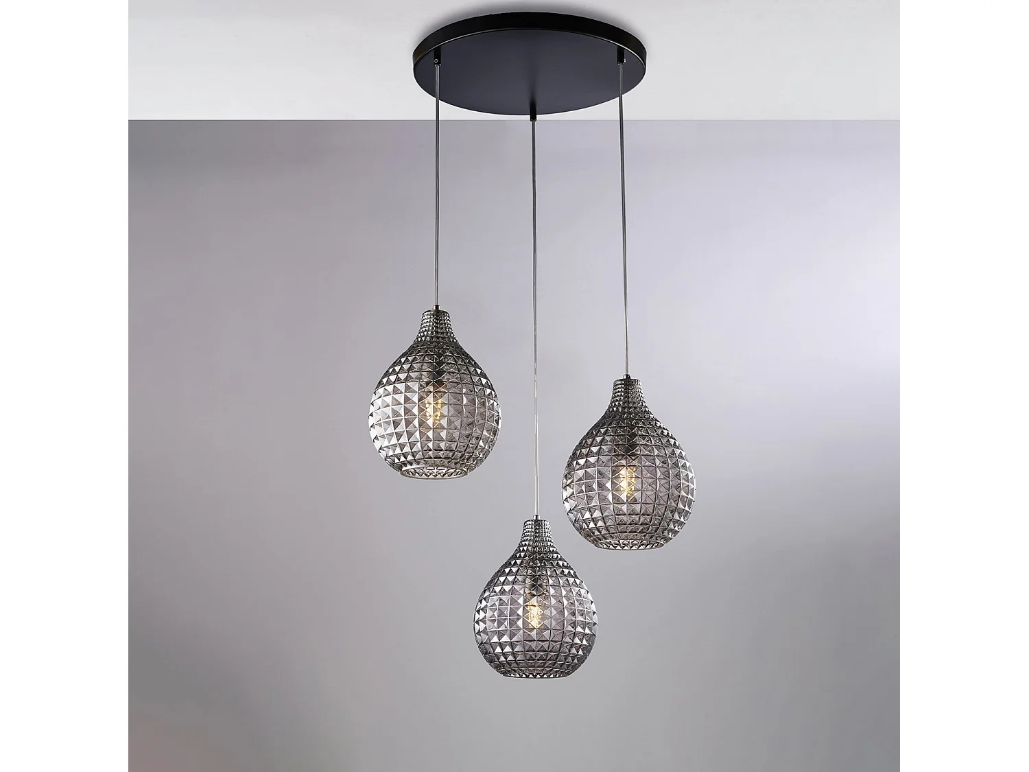 Diamante Pendelleuchte Schwarz/Chrom, 3x G9, Glas grau verspiegelt, Ø45 cm – BL300-S3-SP