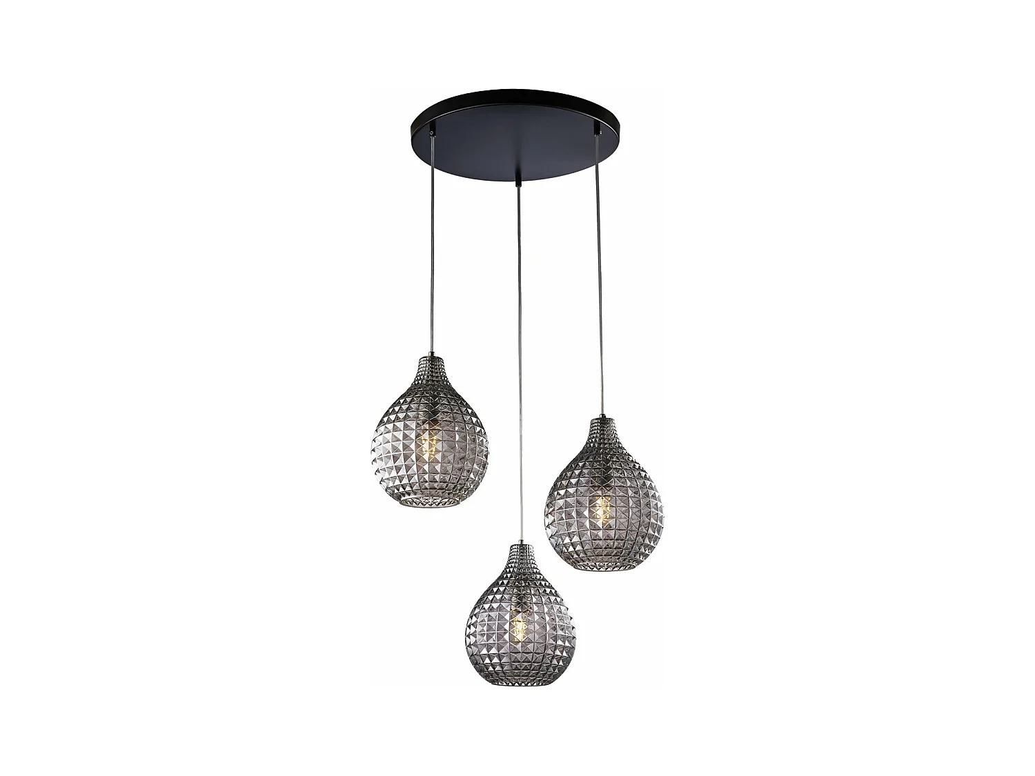 Lampe à suspension Diamante en fer noir et structure chromée avec câbles réglables et diffuseurs en verre soufflé miroir gris