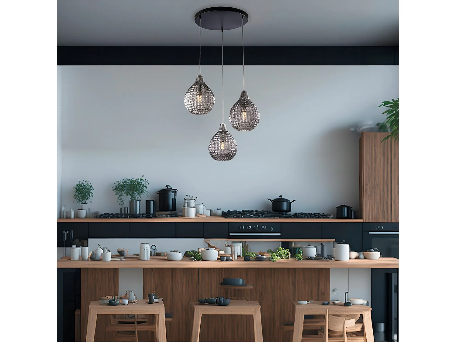 Lampe à suspension Diamante en fer noir et structure chromée avec câbles réglables et diffuseurs en verre soufflé miroir gris