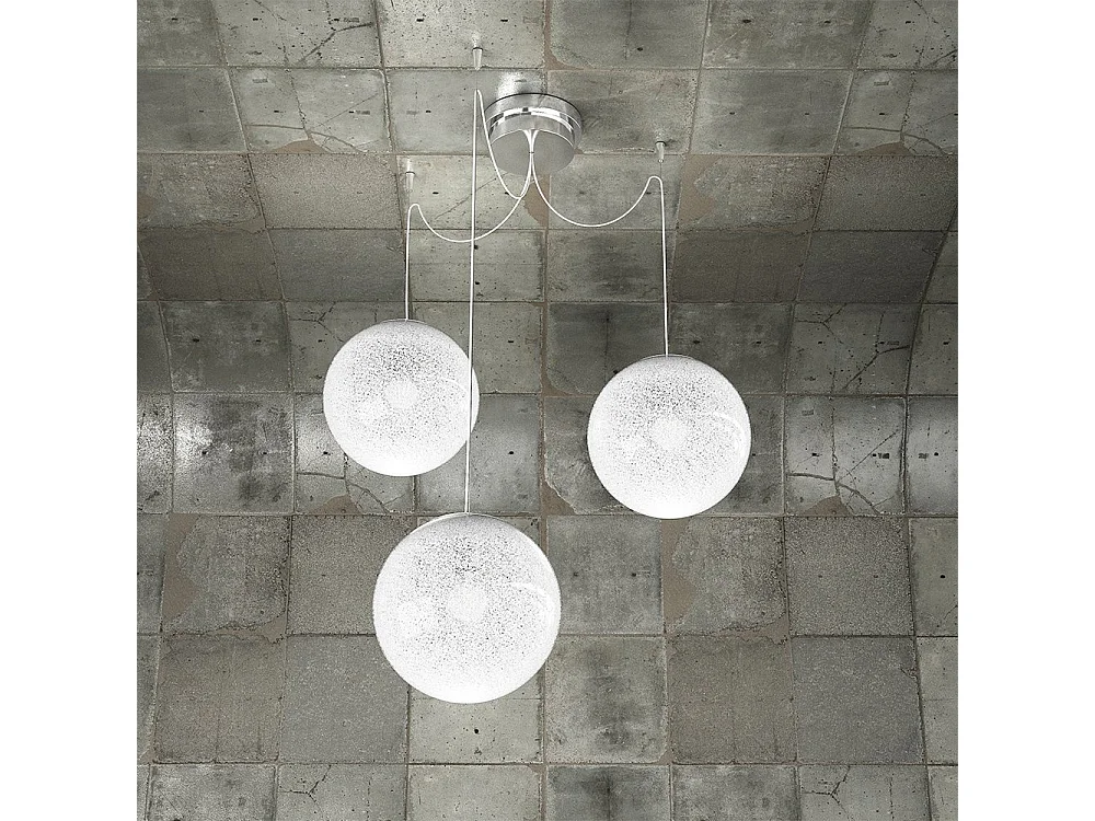 Sospensione Contemporanea Glitter Metallo Cromo Vetro Soffiato Trasp 3 Luci E14