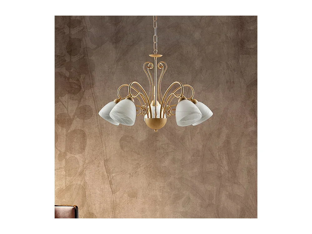 Lampadario Classico 5 Luci Ferro Avorio Decapé e Vetro Bianco Serie Antico