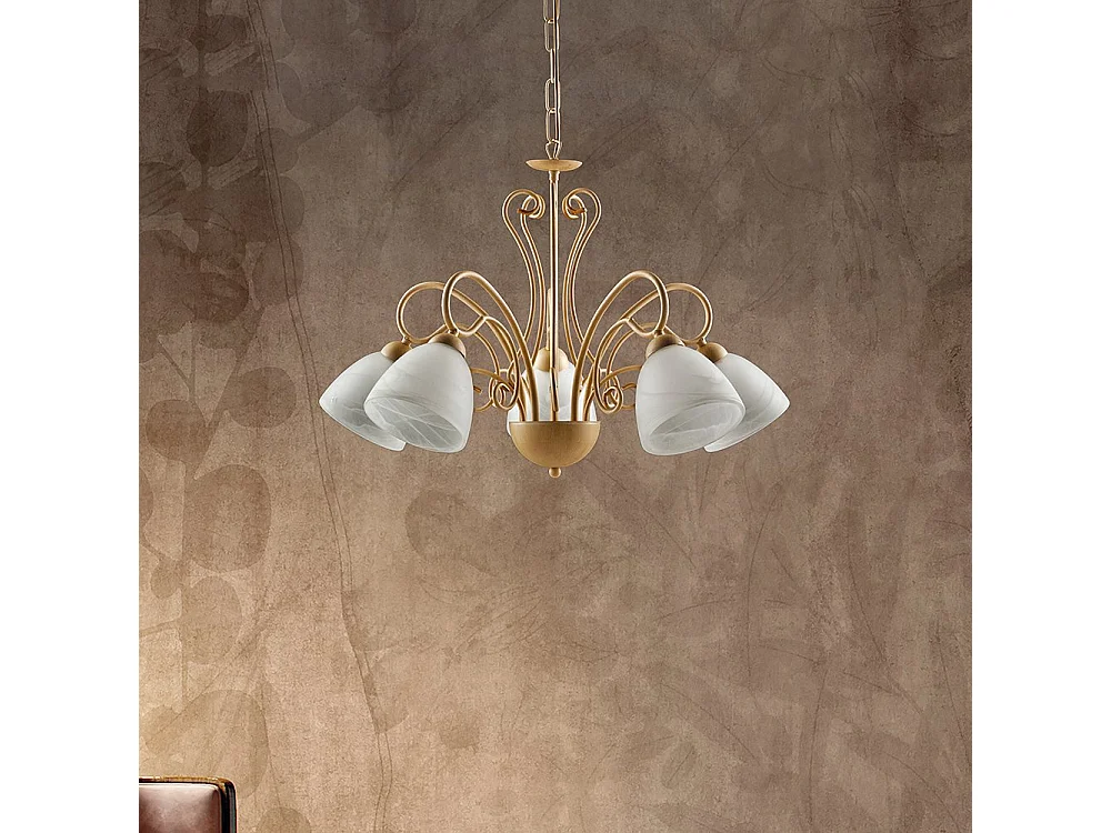 Lampadario Classico 5 Luci Ferro Avorio Decapé e Vetro Bianco Serie Antico