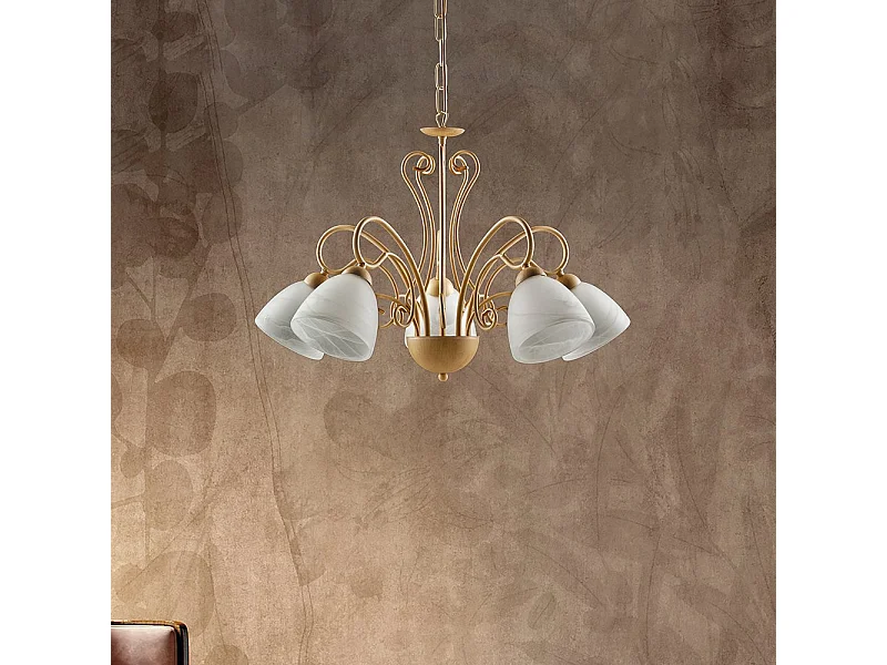 Lampadario Classico 5 Luci Ferro Avorio Decapé e Vetro Bianco Serie Antico