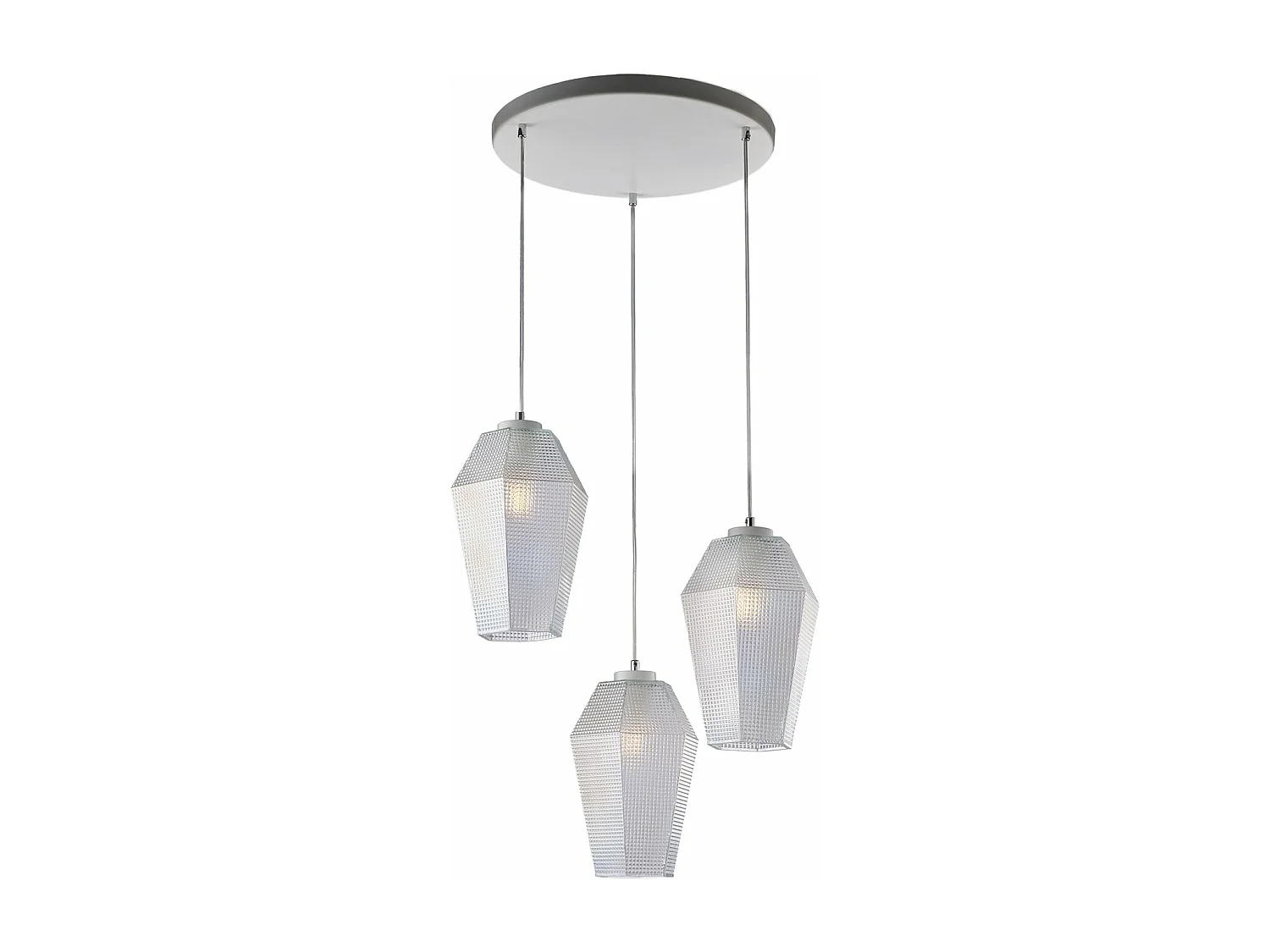 Suspension Prisma fer blanc, câbles réglables, diffuseurs en verre soufflé transparent décor en relief, 3 lumières