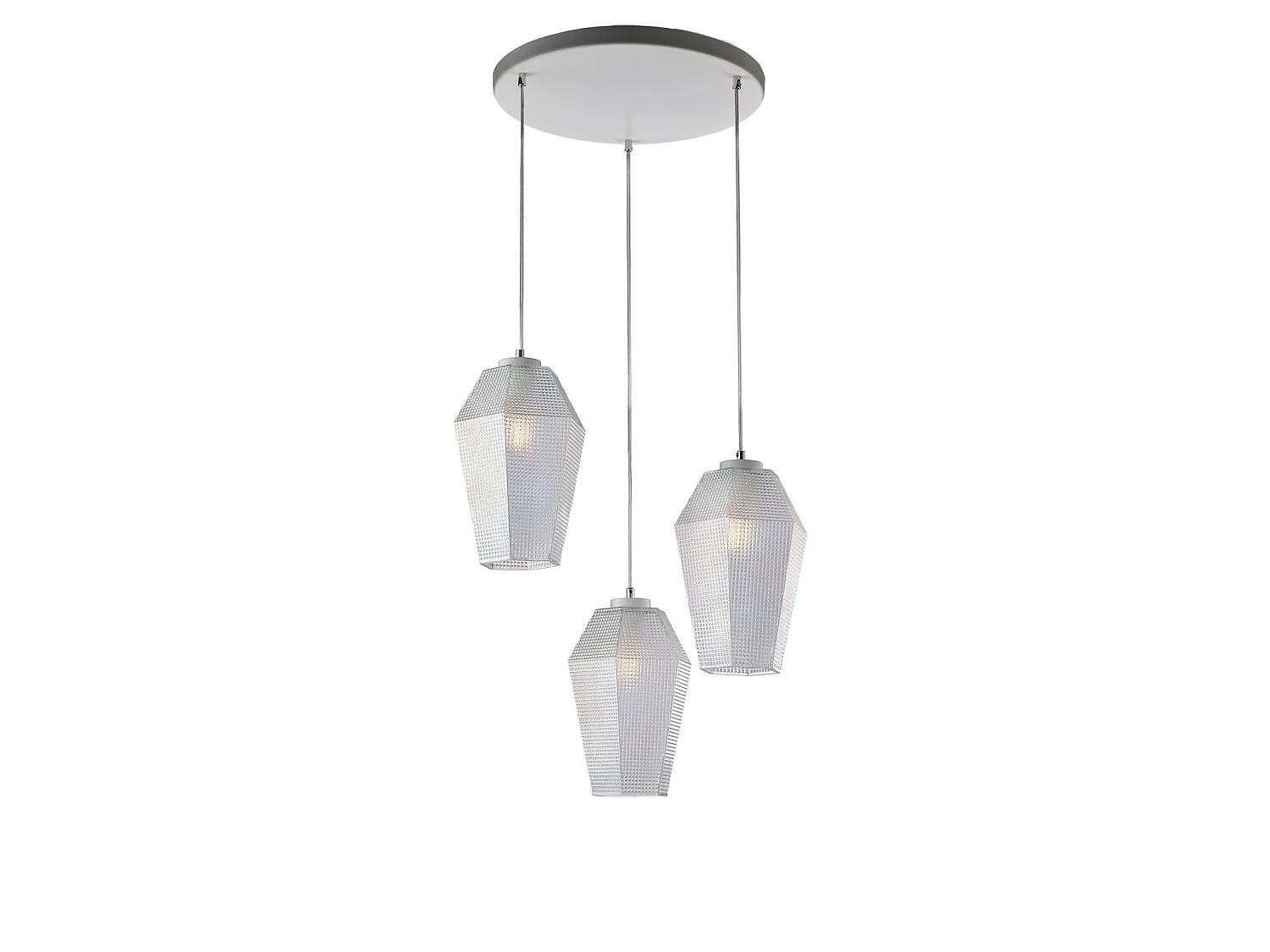 Suspension Prisma fer blanc, câbles réglables, diffuseurs en verre soufflé transparent décor en relief, 3 lumières