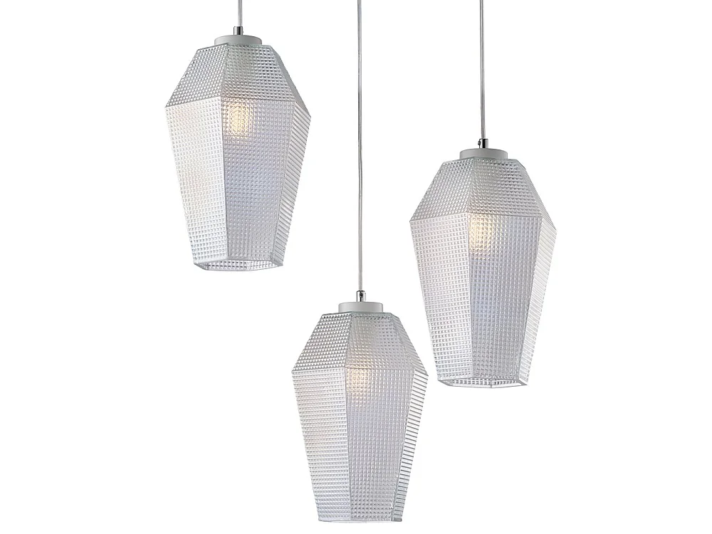 Suspension Prisma fer blanc, câbles réglables, diffuseurs en verre soufflé transparent décor en relief, 3 lumières