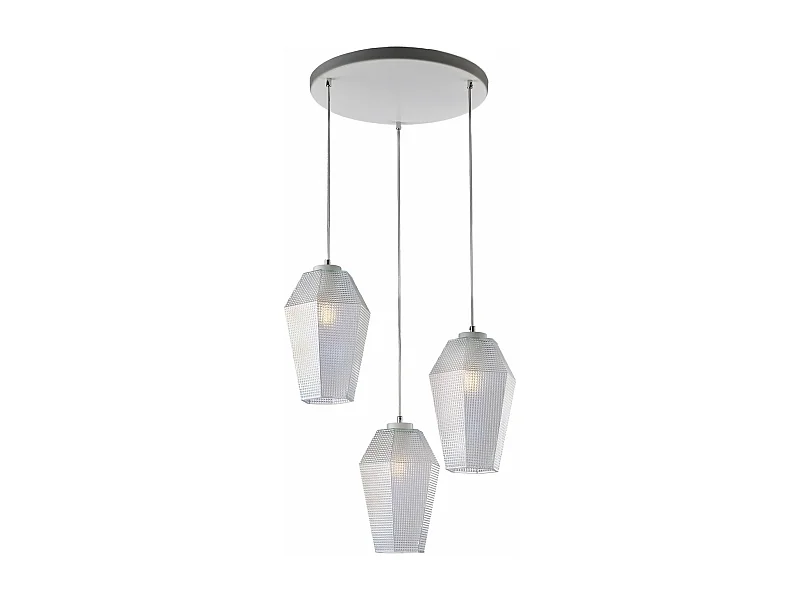 Suspension Prisma fer blanc, câbles réglables, diffuseurs en verre soufflé transparent décor en relief, 3 lumières