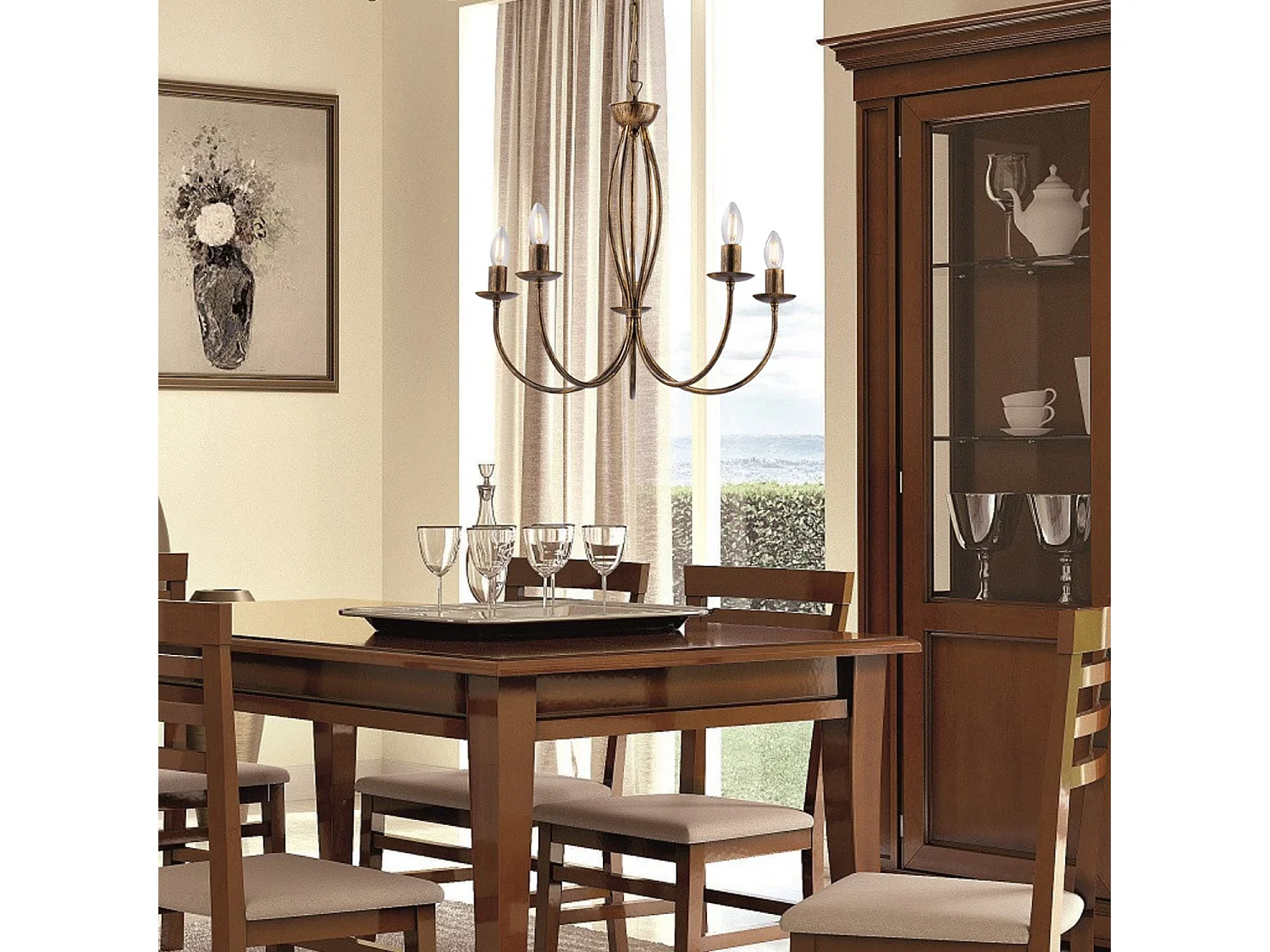 Botte Lustre en fer laqué marron décor or vieilli 5 lumières 113 d.55 BL147-5-BR