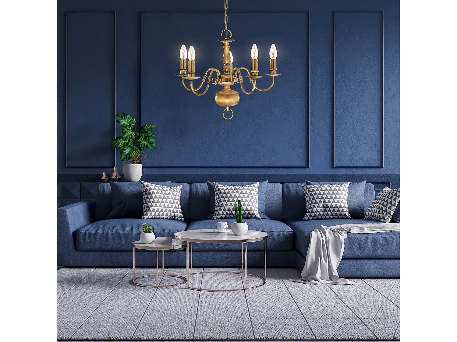 Searchlicht Flemish - 5 licht Multi Arm Deckenanhänger Antik Messing, E14