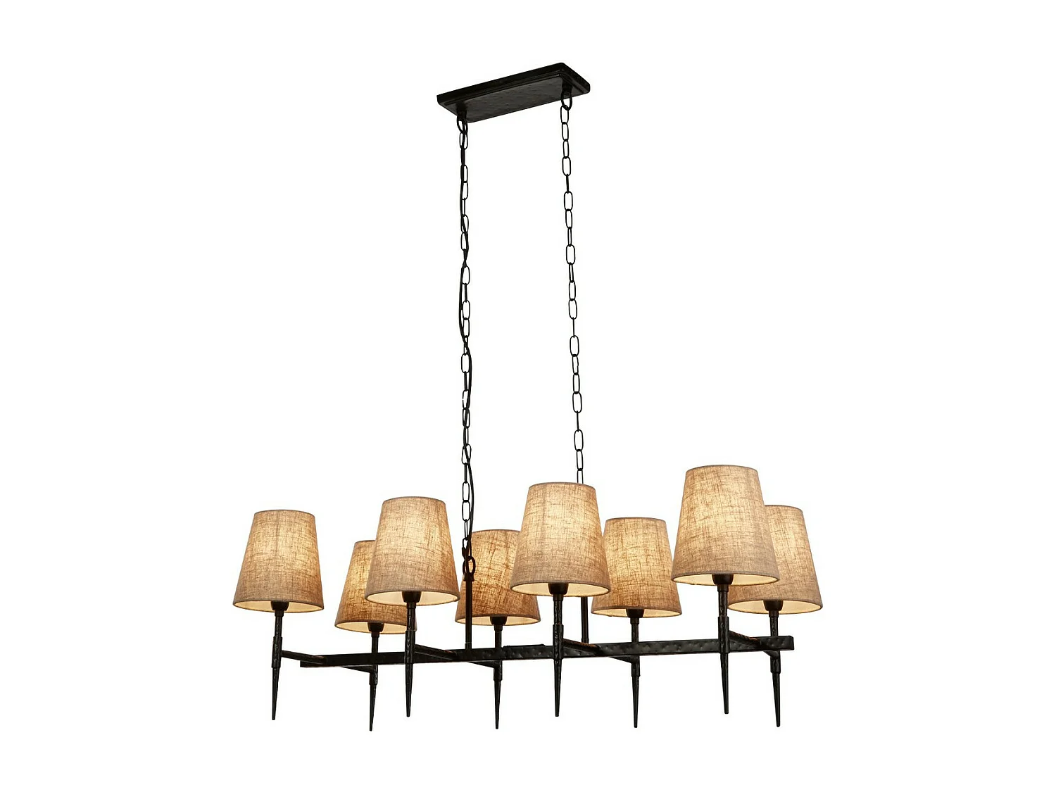 Searchlight Gothic Lámpara colgante con barra de 8 luces, negro martillado, lino natural