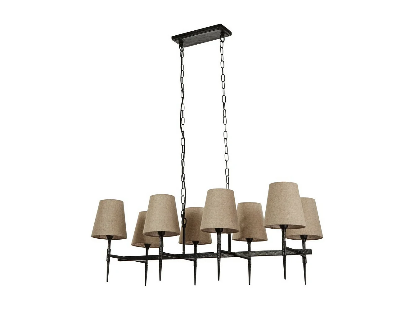 Searchlight Gothic Lámpara colgante con barra de 8 luces, negro martillado, lino natural