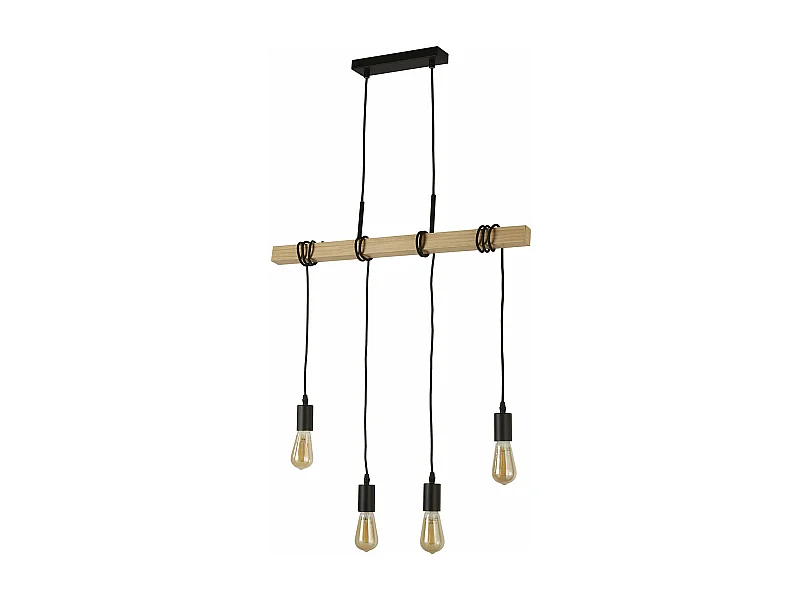 Searchlight Woody Suspension 4 Lumières, Noir Et Bois De Frêne