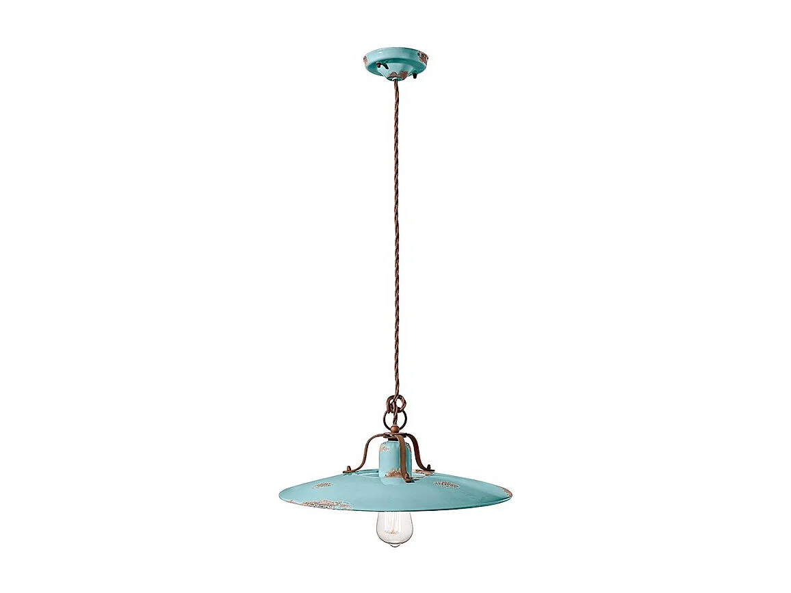 Lampadario Vintage Country Ferro E Ceramica Azzurro 1 Luce E27