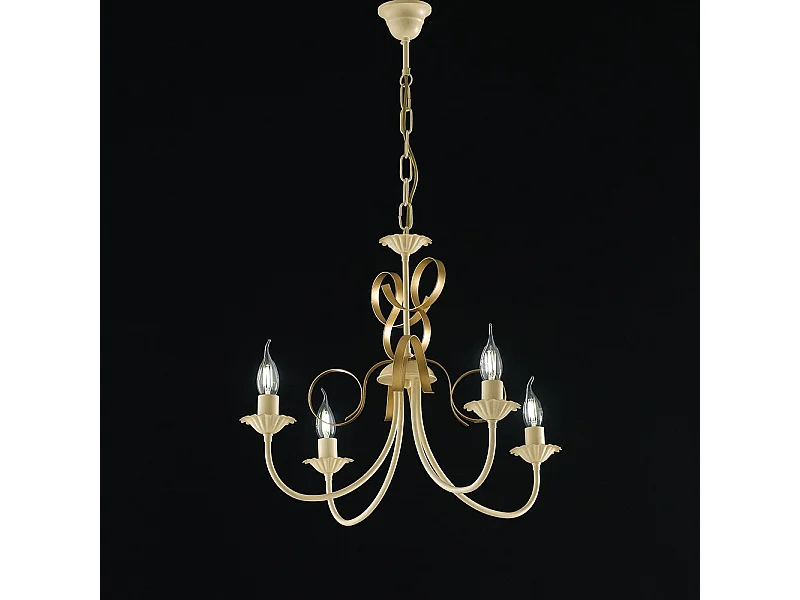 Lampadario Classico 4 Luci Ferro Battuto Avorio e Oro Serie Bandolo