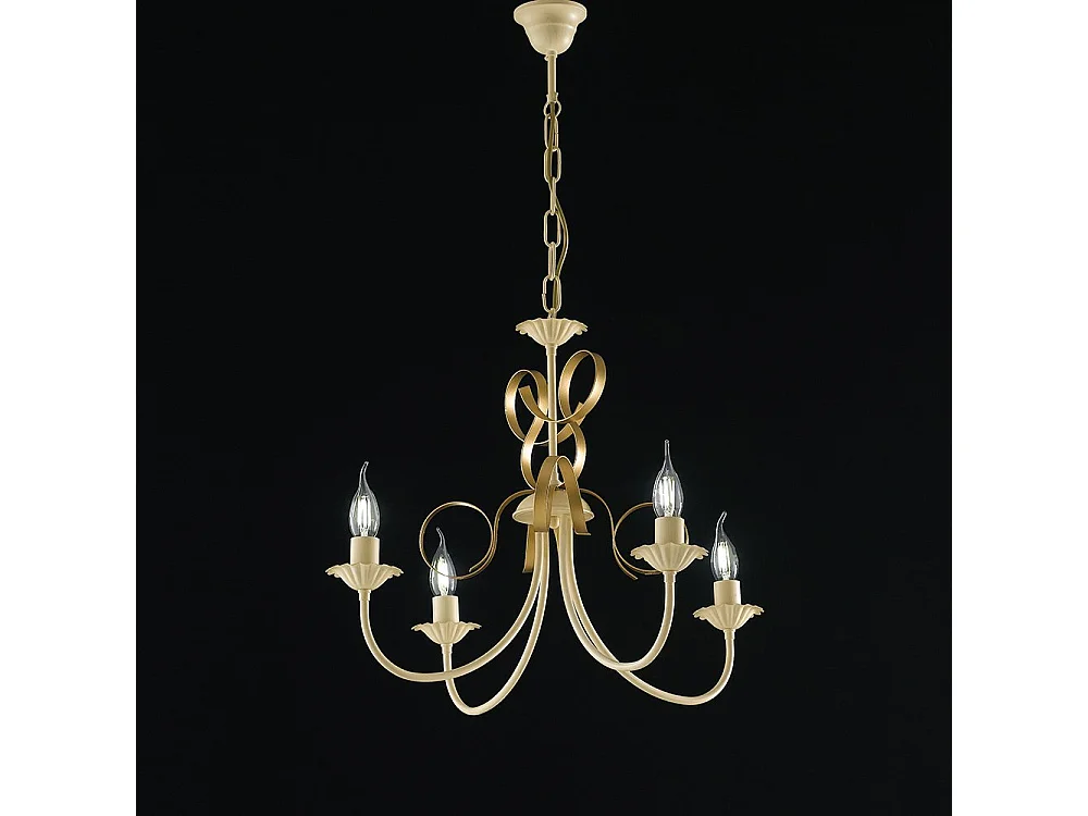 Lampadario Classico 4 Luci Ferro Battuto Avorio e Oro Serie Bandolo