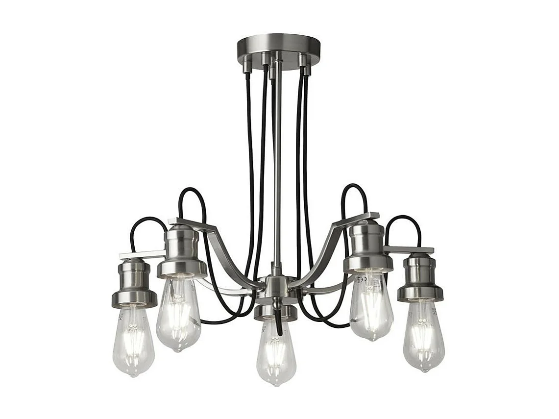 Searchlight Olivia Soffitto a 5 luci, cavo in tessuto intrecciato nero, argento satinato