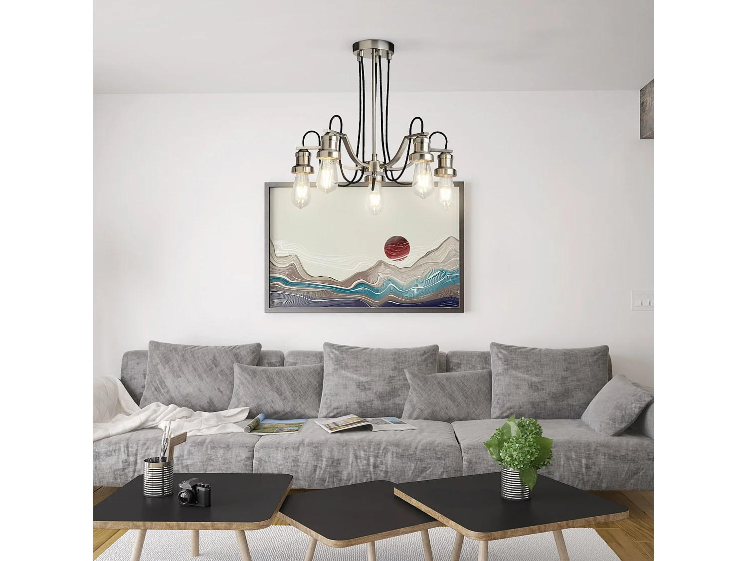 Searchlight Olivia Soffitto a 5 luci, cavo in tessuto intrecciato nero, argento satinato