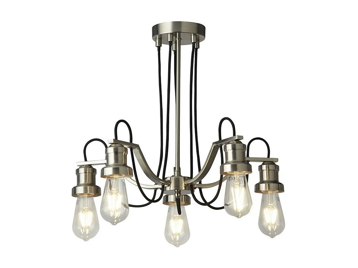 Searchlight Olivia Soffitto a 5 luci, cavo in tessuto intrecciato nero, argento satinato
