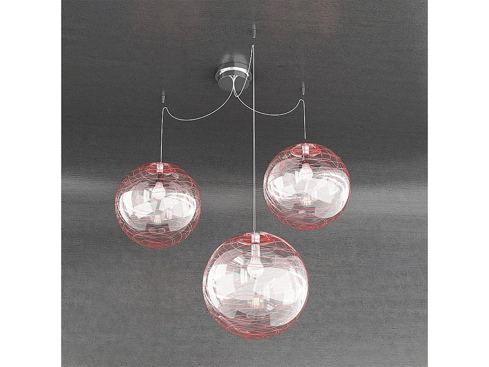 Sospensione Contemporanea Moon Metallo Cromo Vetro Rosso 3 Luci E27 D.30Cm
