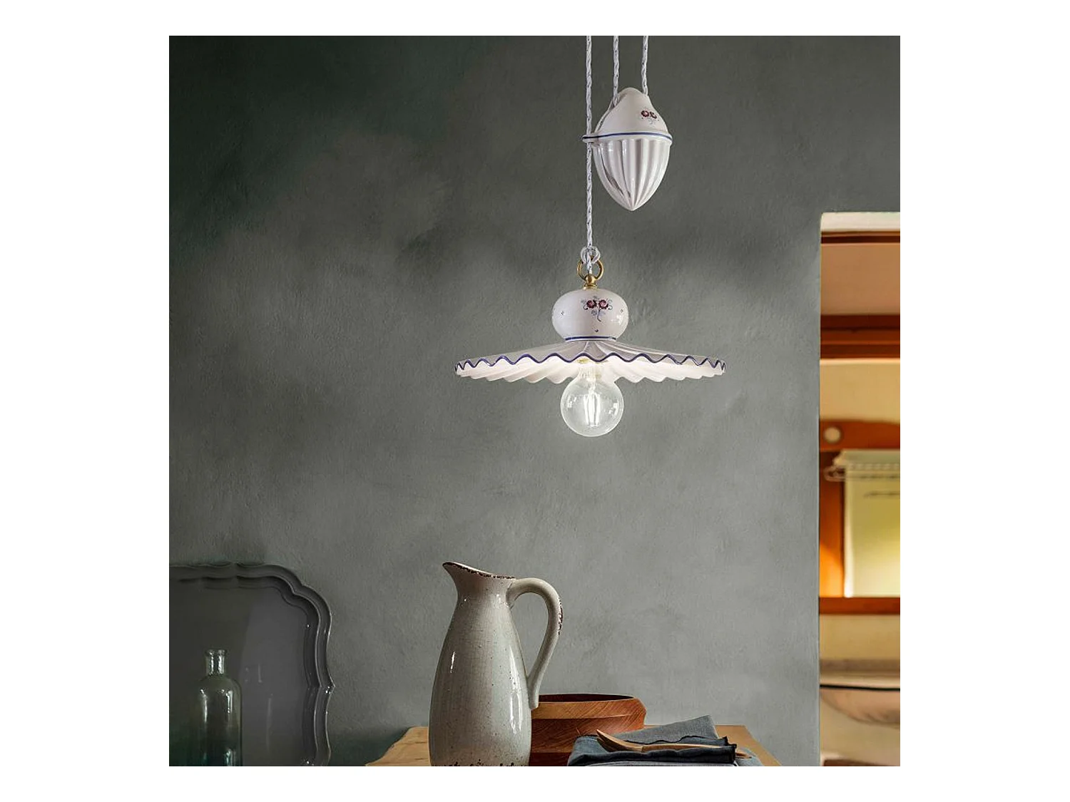 Lampadario Classico Roma Ceramica E Ottone Satinato Decorato Filo Blu 1 Luce E27