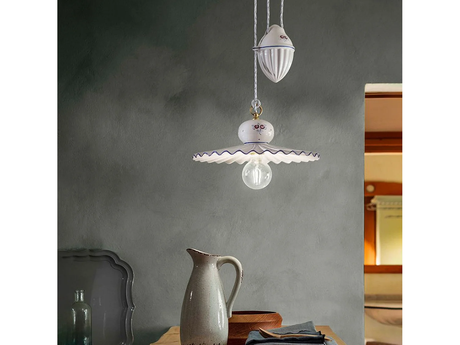 Lampadario Classico Roma Ceramica E Ottone Satinato Decorato Filo Blu 1 Luce E27