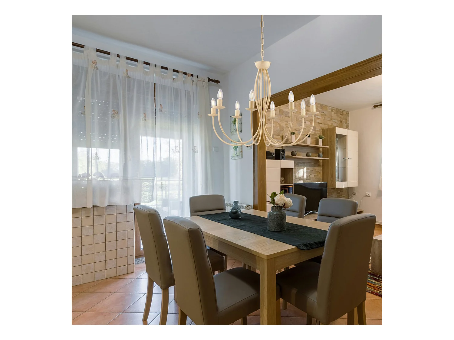 Botte Lustre en fer laqué ivoire à décor effet décapé 8 lumières 120 d.74 BL147-8-AV