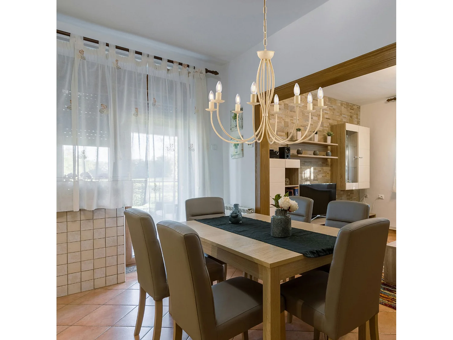 Botte Lustre en fer laqué ivoire à décor effet décapé 8 lumières 120 d.74 BL147-8-AV