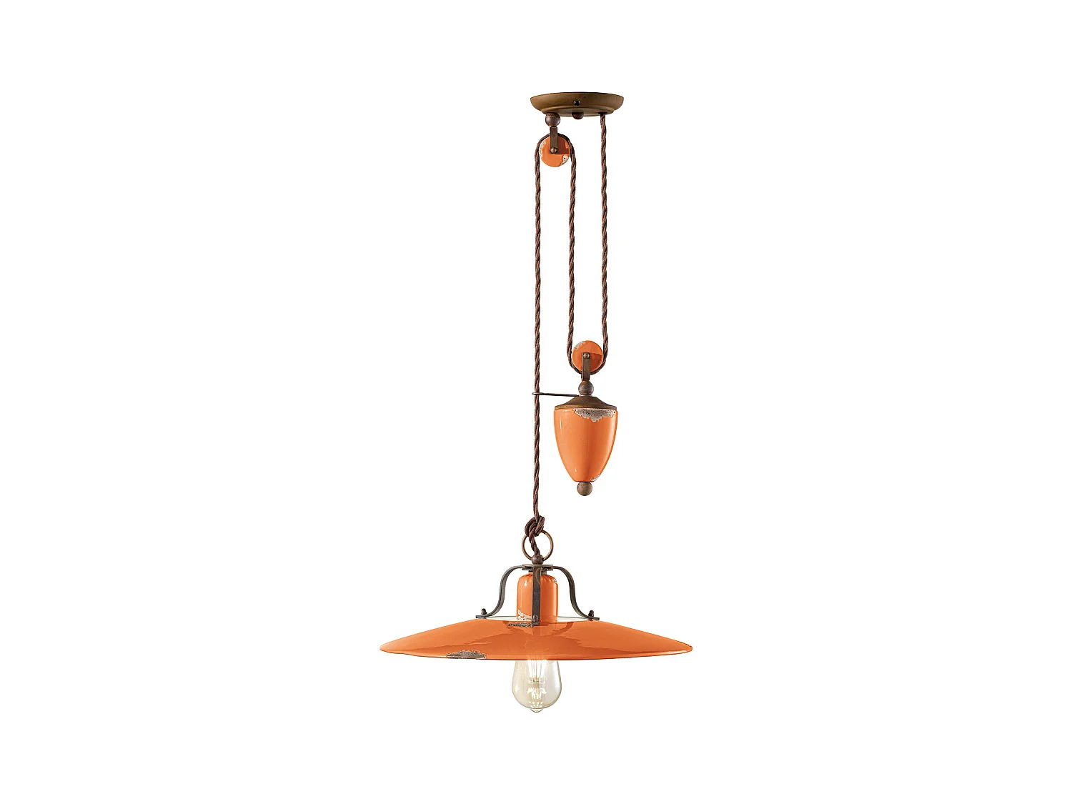 Lampadario Vintage Country Saliscendi Ferro E Ceramica Arancio 1 Luce E27