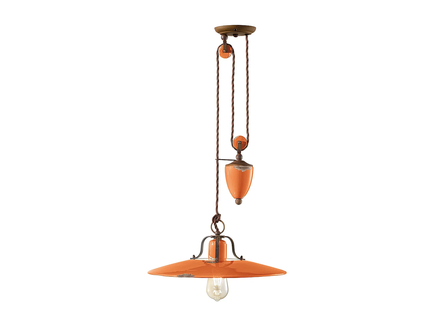 Lampadario Vintage Country Saliscendi Ferro E Ceramica Arancio 1 Luce E27