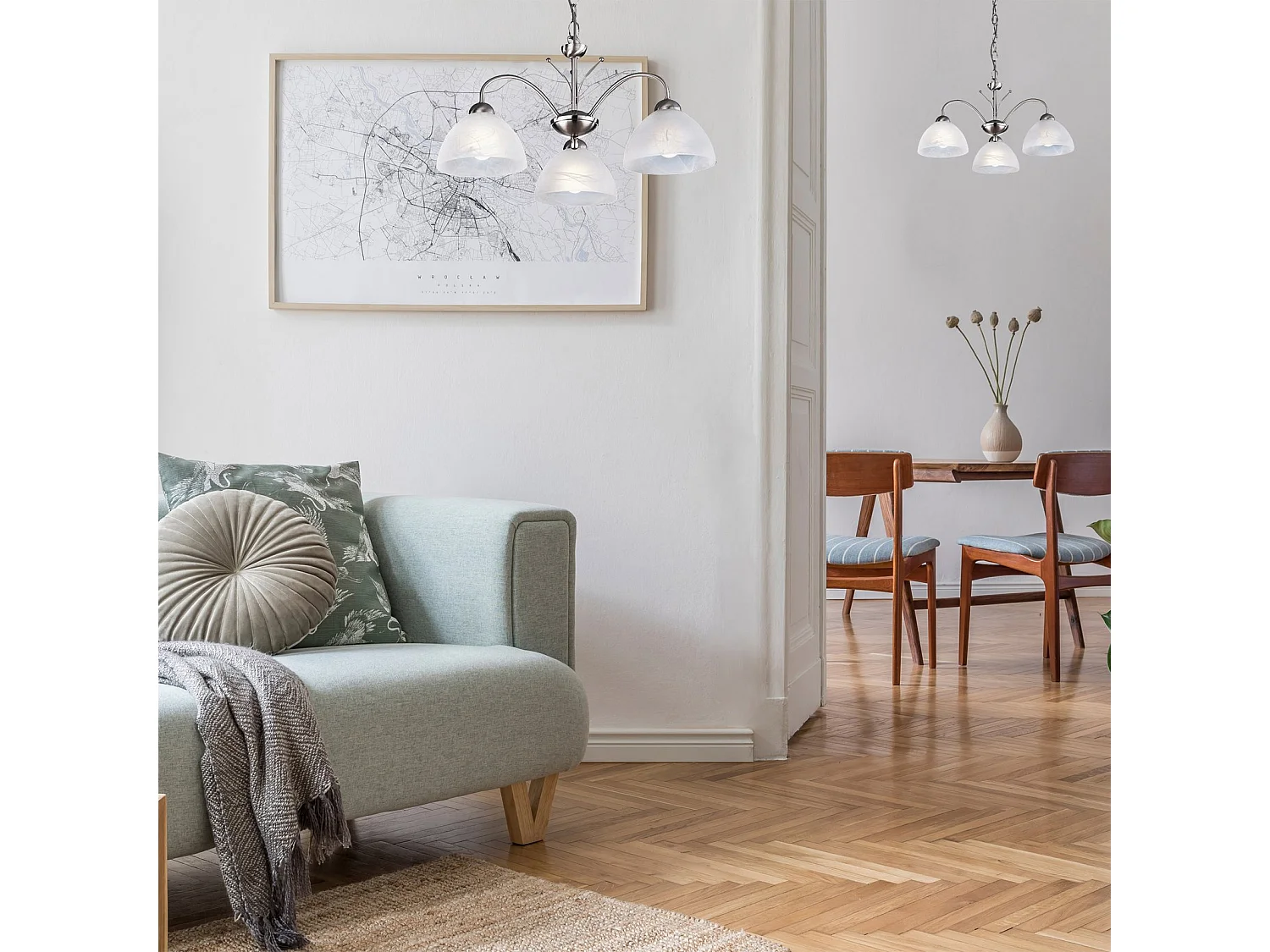 Searchlicht Milanese - 3 leichte mehrarmige Deckenanhänger Satin Silber, Glas, E14