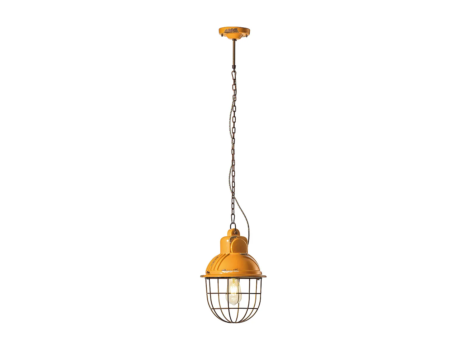Lampadario Industrial Ferro E Ceramica Con Rete Vintage Giallo 1 Luce E27