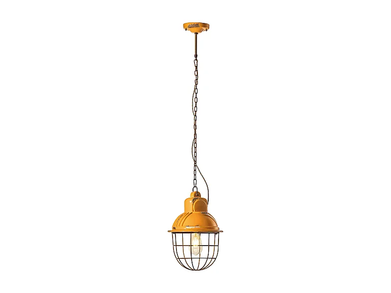 Lampadario Industrial Ferro E Ceramica Con Rete Vintage Giallo 1 Luce E27
