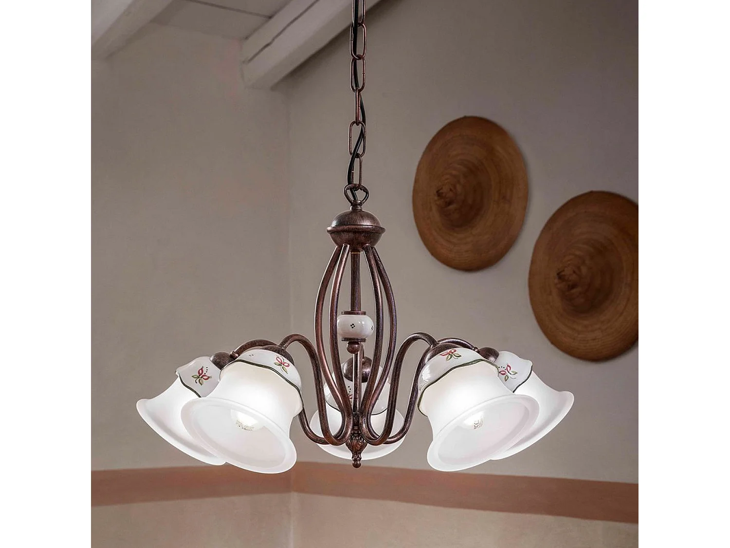 Lampadario Classico Ferrara Metallo E Ceramica Nero Sfumato Rame 5 Luci E14