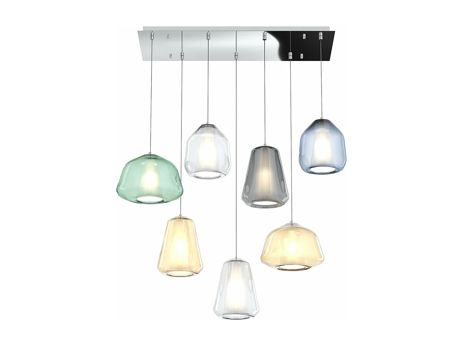 Sospensione Cromo 7 Luci Rettangolare Vetri (Alpha Ve + Am) (Beta Tr + Bl) (Gamma Tr + Am + Fu)