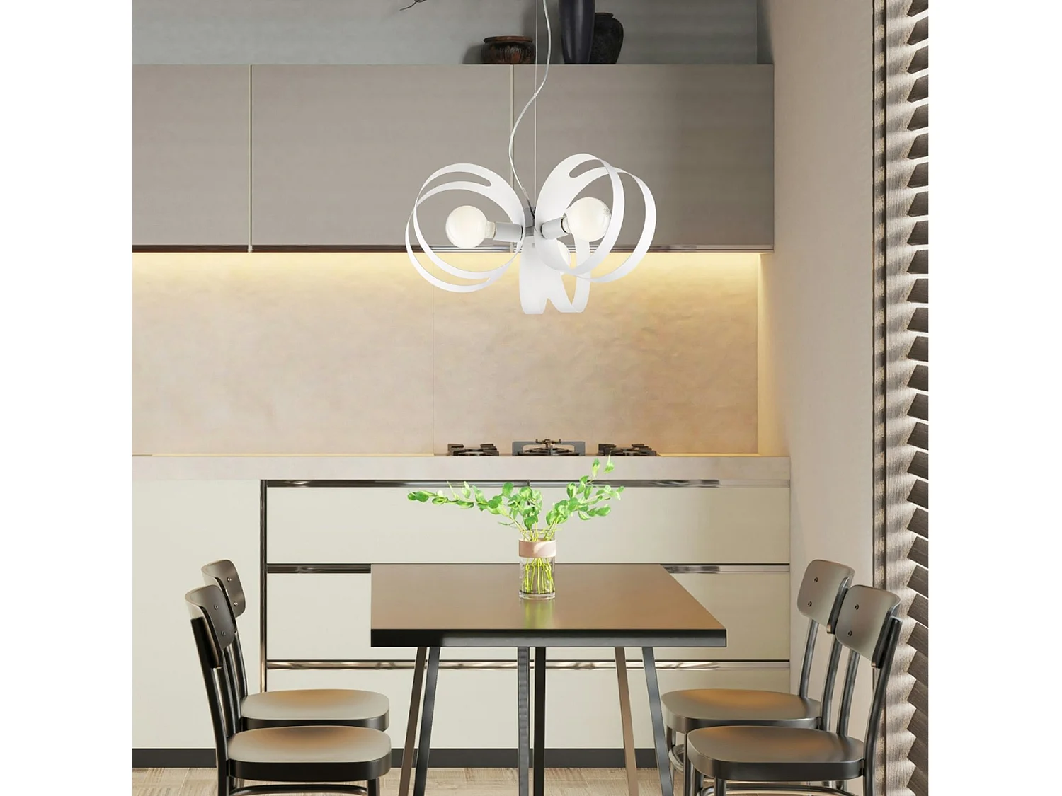 Suspension Peter fer blanc, bandes découpées laser, câble acier réglable, 3 lumières d.48 cm, style épuré élégant