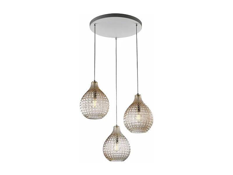 Lampe à suspension Diamante en fer blanc et structure chromée avec câbles réglables et diffuseurs en verre soufflé ambré