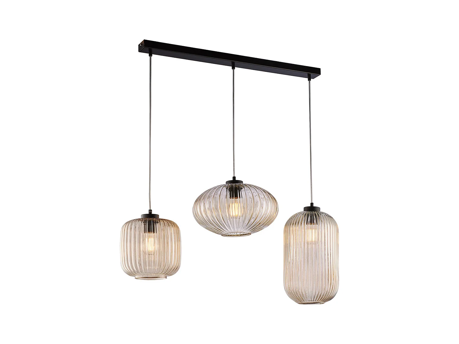 Rail Glamour noir, câbles réglables, verre soufflé ambré décor rayé, 3 lumières, style contemporain chaleureux