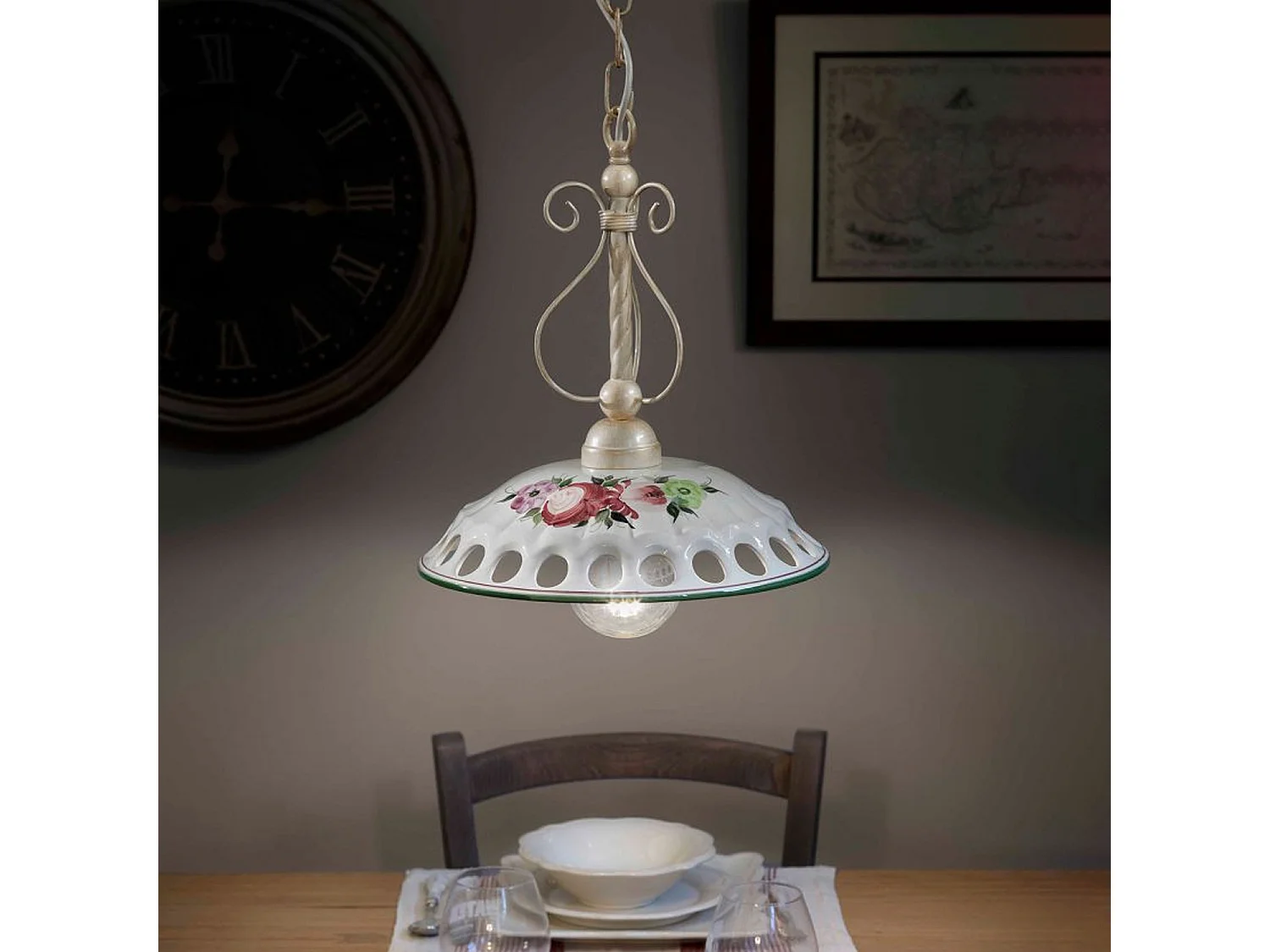 Lampadario Classico Napoli Metallo E Ceramica Bianco Sfumato Oro 1 Luce E27